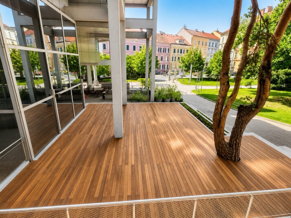 Thermoesche-Terrasse mit integrierter Baumaussparung, Blick über die Fläche zum Cafe Kork an der TU Graz