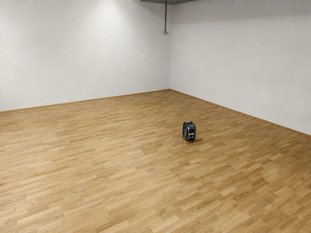 Fertig verklebtes Eichenparkett auf ehemaligem Fliesenboden, 36 m² Raum an der TU Graz